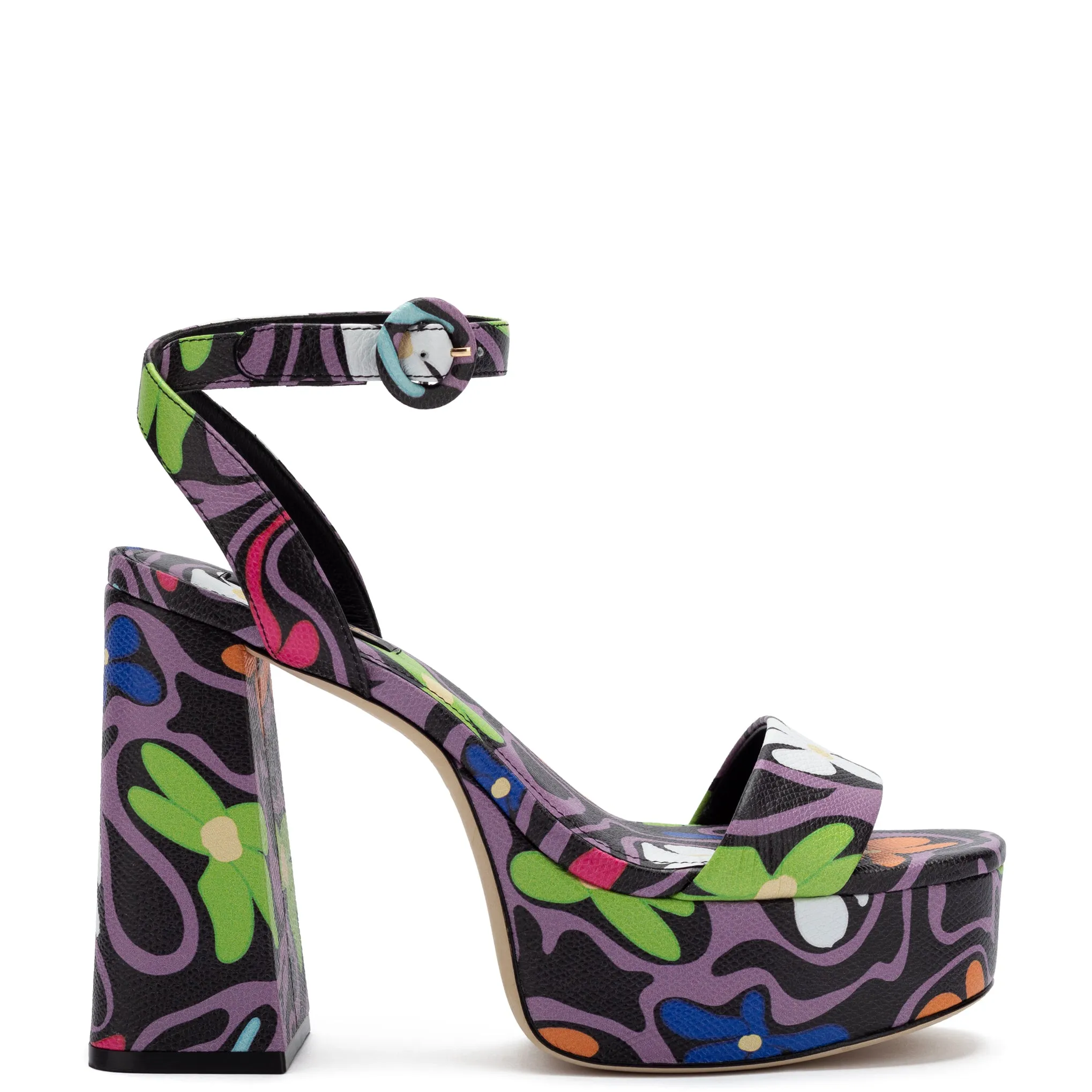 Dolly Sandal In Black Flower Power Print Leather sold by Larroude