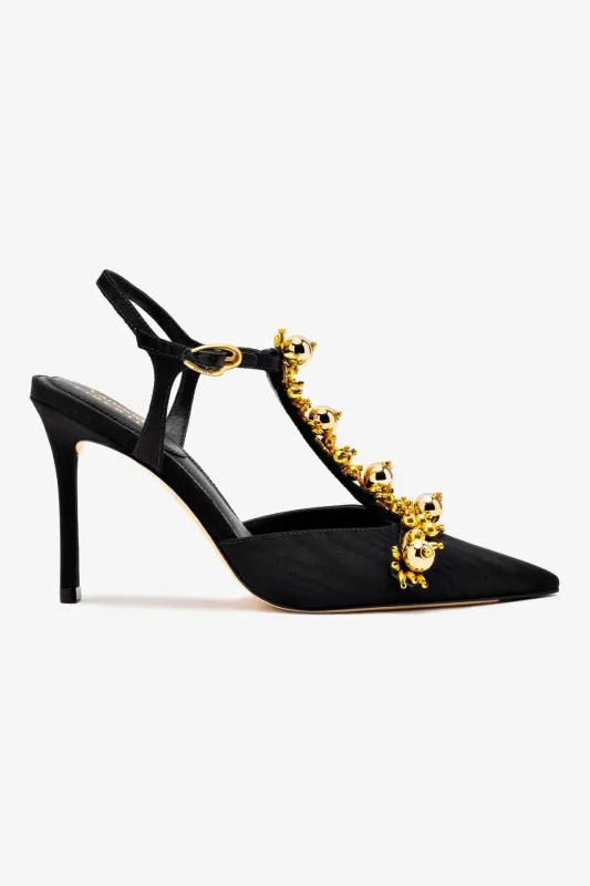 Larroudé x Libertine Pump In Black Fabric and Golden Balls sold by Larroude