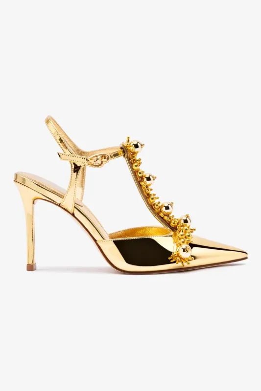Larroudé x Libertine Pump In Gold Specchio and Golden Balls sold by Larroude