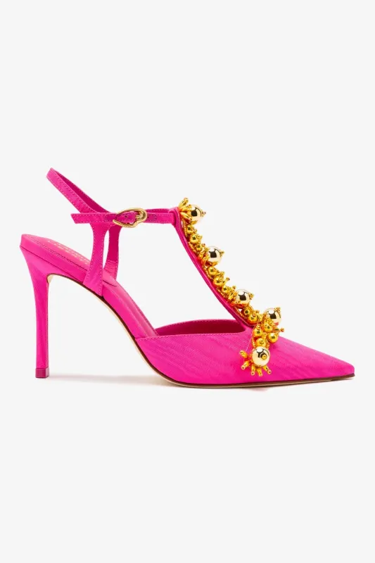 Larroudé x Libertine Pump In Magenta Fabric and Golden Balls sold by Larroude