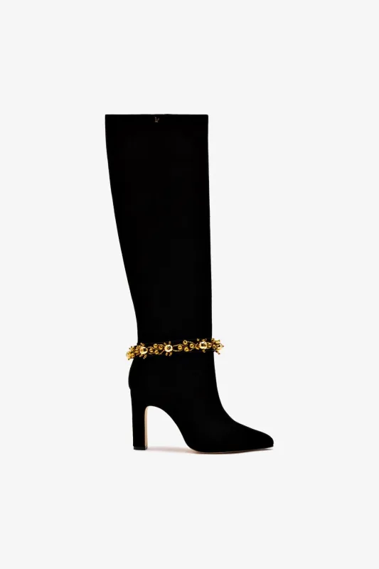 Larroudé x Libertine Boot In Black Suede Leather and Golden Balls sold by Larroude