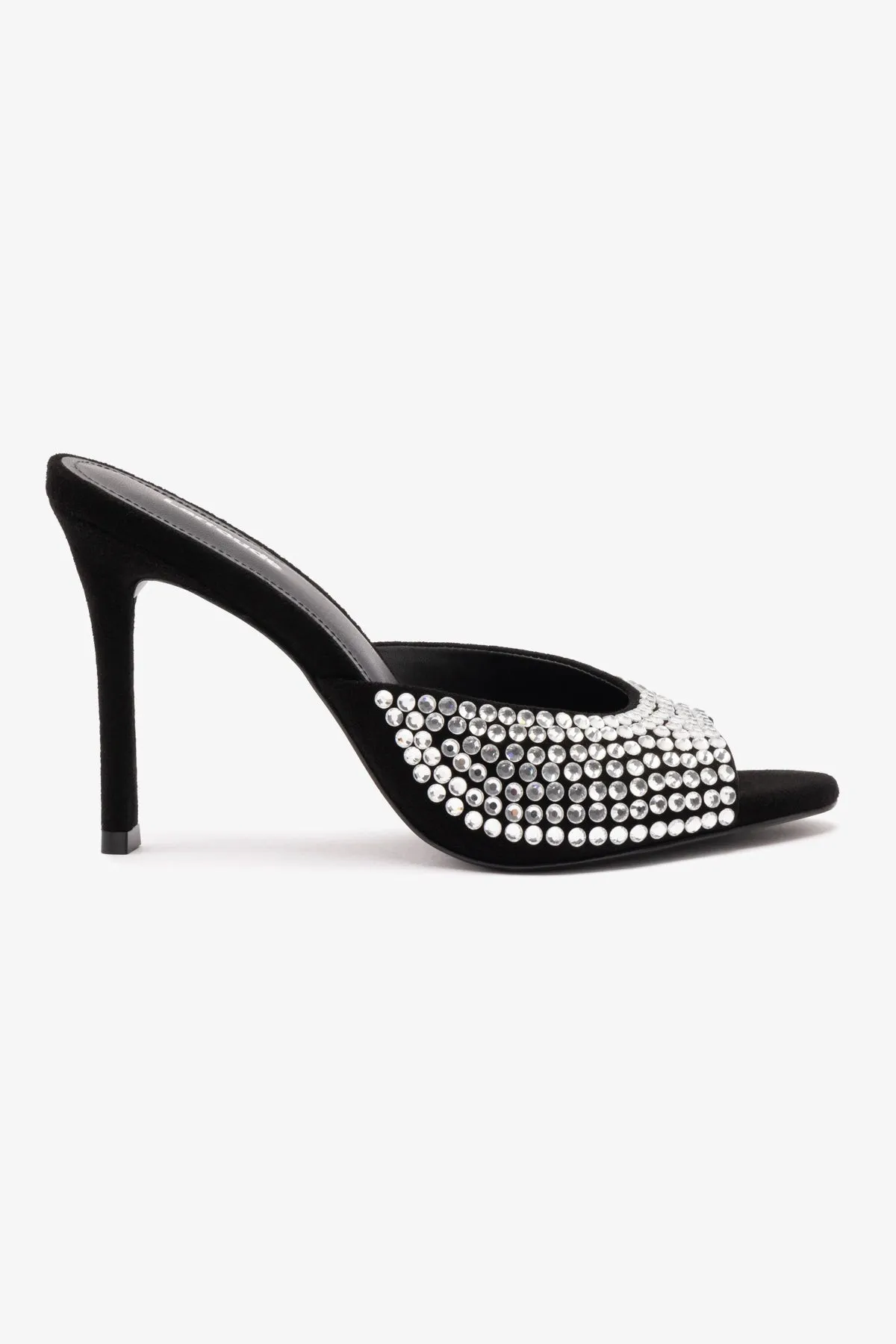 Jasmine Hi Mule In Black Suede and Crystals sold by Larroude