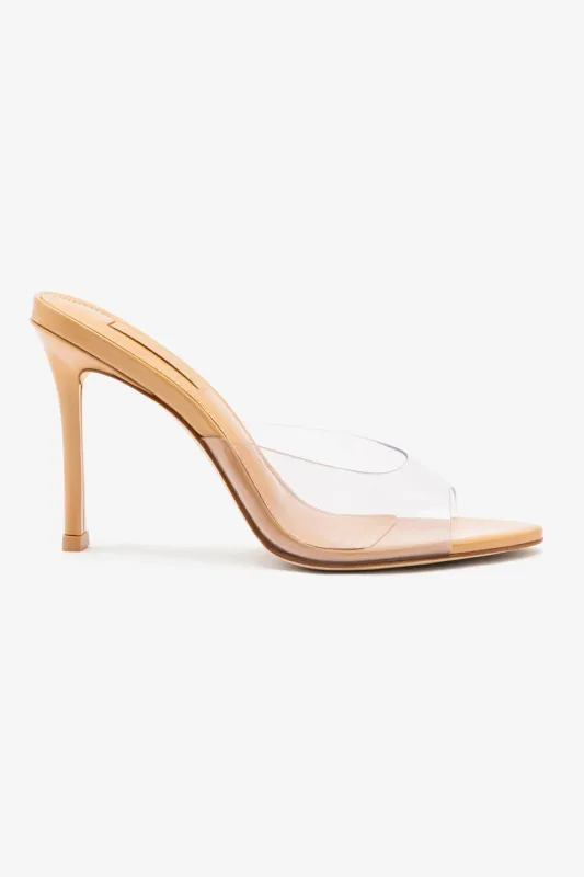 Jasmine Hi Mule In Tan Leather and Vinyl sold by Larroude