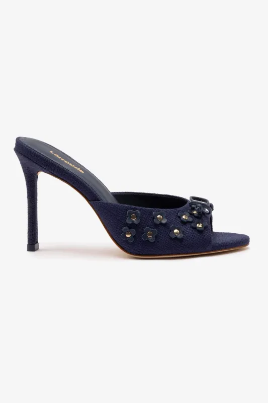 Jasmine Hi Mule In Navy Raffia sold by Larroude