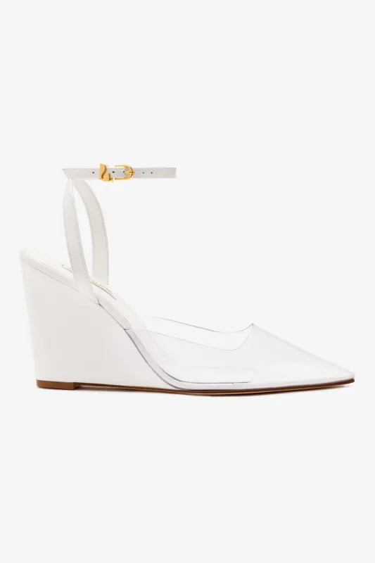 Kim Wedge Pump In White Leather and Vinyl sold by Larroude