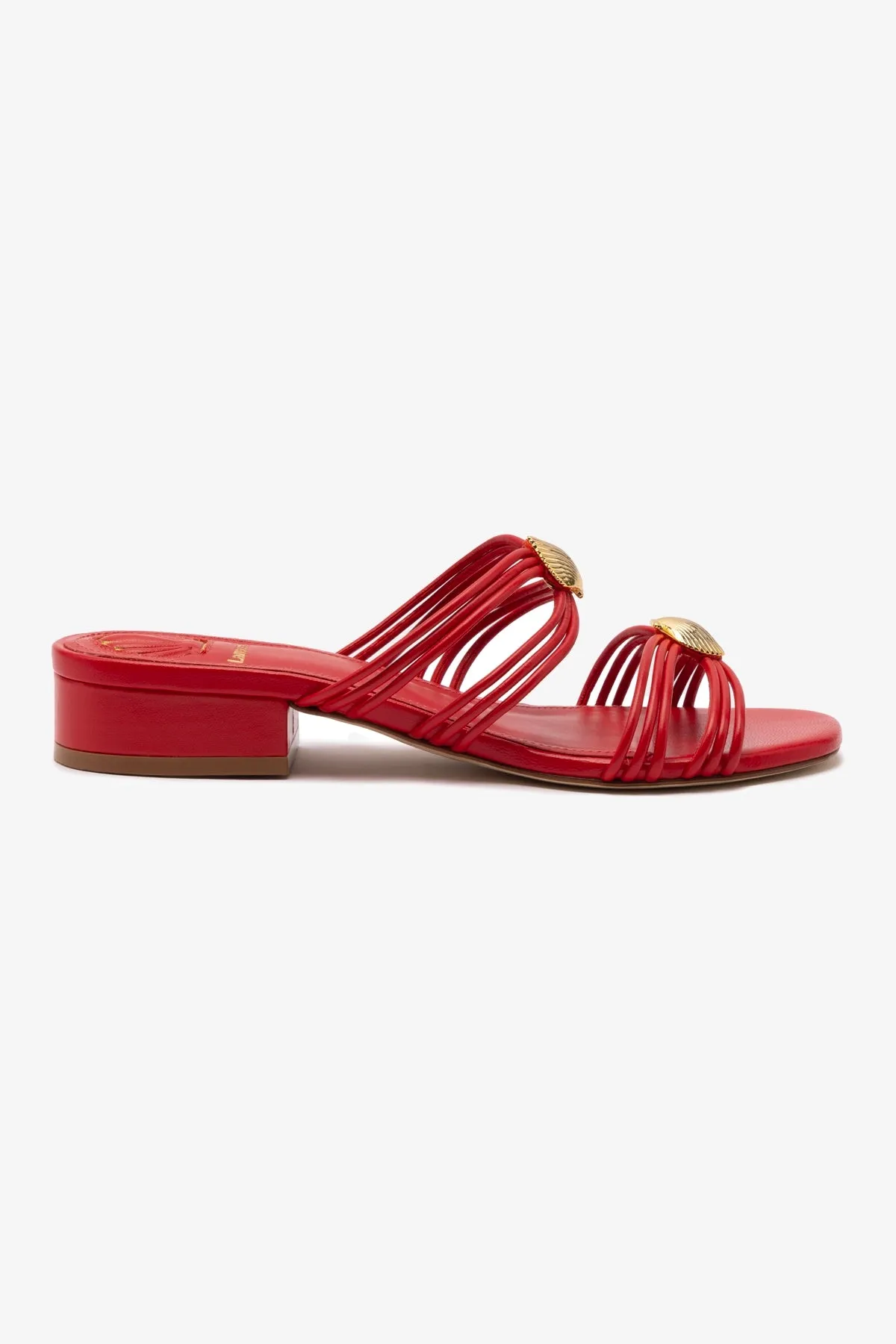 Shelly Flat Mule In Scarlet Leather sold by Larroude