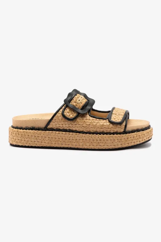 Maui Slide In Tapestry Natural Raffia and Black Trimming sold by Larroude