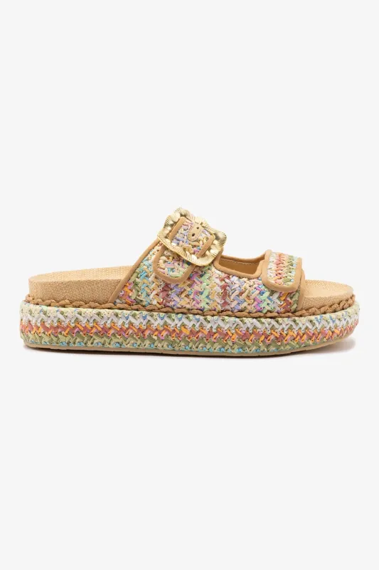 Maui Slide In Tapestry Rainbow Raffia and Beige Trimming sold by Larroude