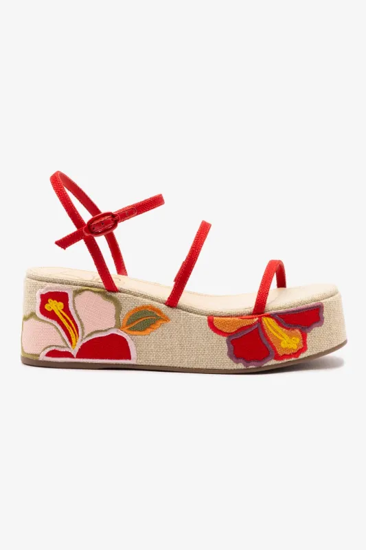 Gio Flatform Sandal In Scarlet Raffia and Hibiscus Embroidery sold by Larroude