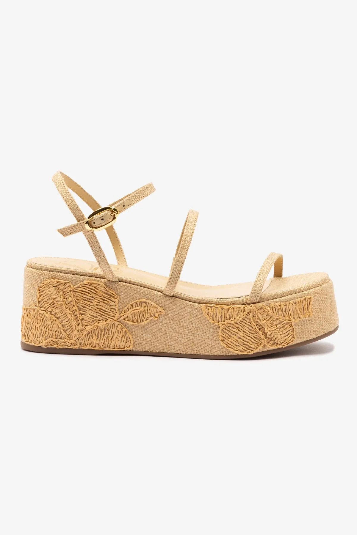 Gio Flatform In Beige Raffia and Hibiscus Embroidery sold by Larroude