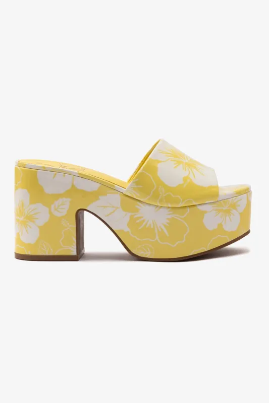 Miso Platform Sandal In Lemonade Printed Leather sold by Larroude