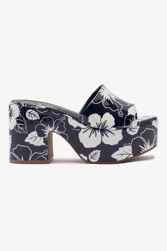 Miso Platform Sandal In Navy Printed Leather sold by Larroude