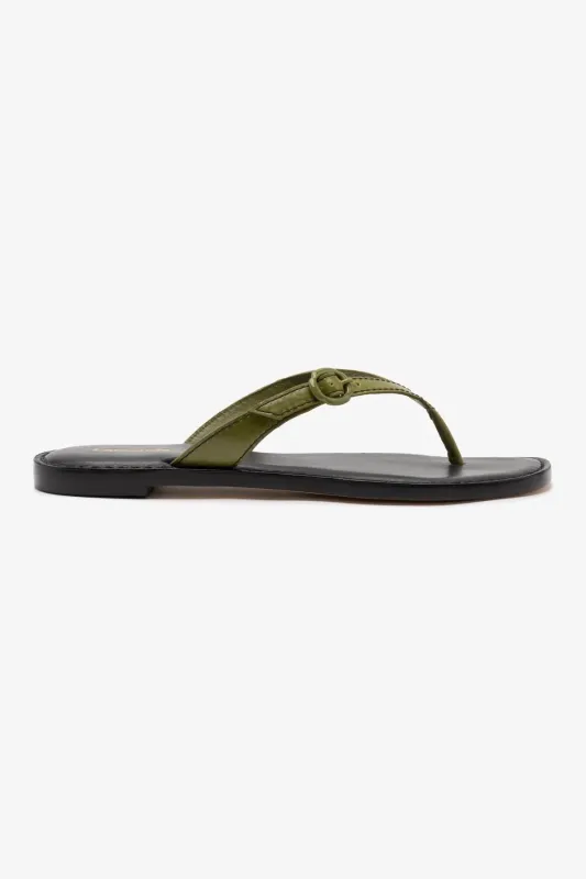 Mary Kate Flat Sandal In Seaweed Leather sold by Larroude