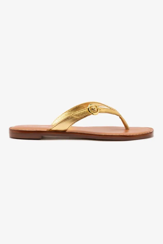 Mary Kate Flat Sandal In Gold Metallic Leather sold by Larroude