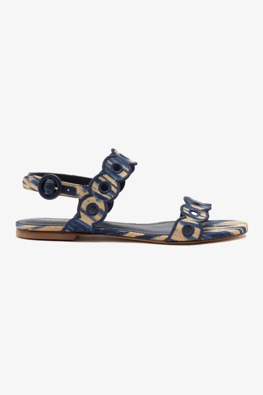 Florence Broderie Flat Sandal In Tie Dye Beige and Navy Raffia sold by Larroude