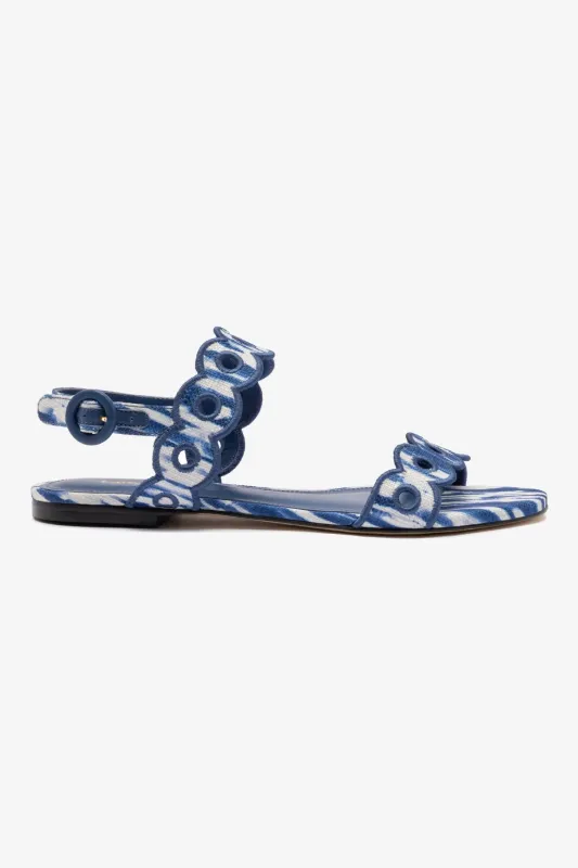 Florence Broderie Flat Sandal In Tie Dye Blue Raffia sold by Larroude