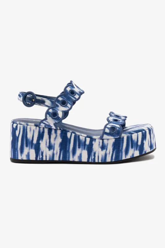 Florence Broderie Flatform Sandal In Tie Dye Blue Raffia sold by Larroude