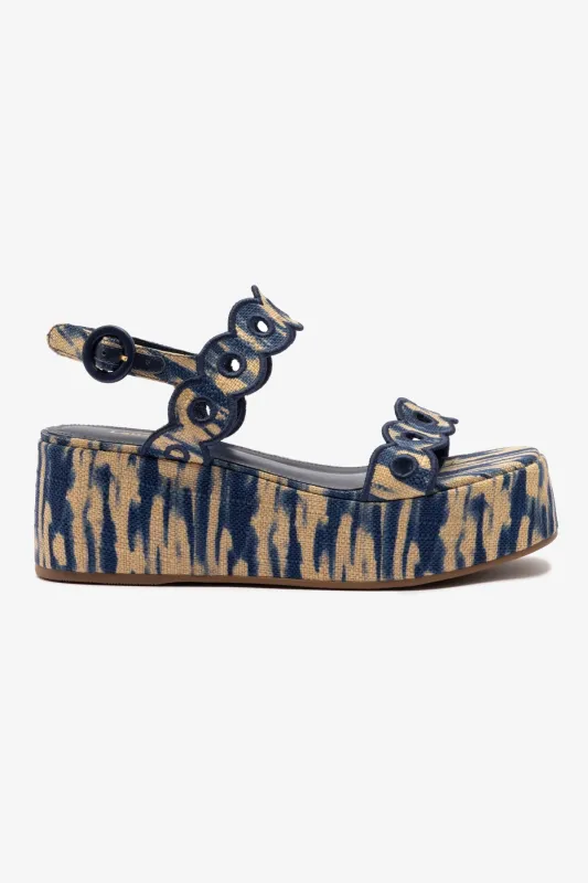 Florence Broderie Flatform Sandal In Tie Dye Beige and Navy Raffia sold by Larroude