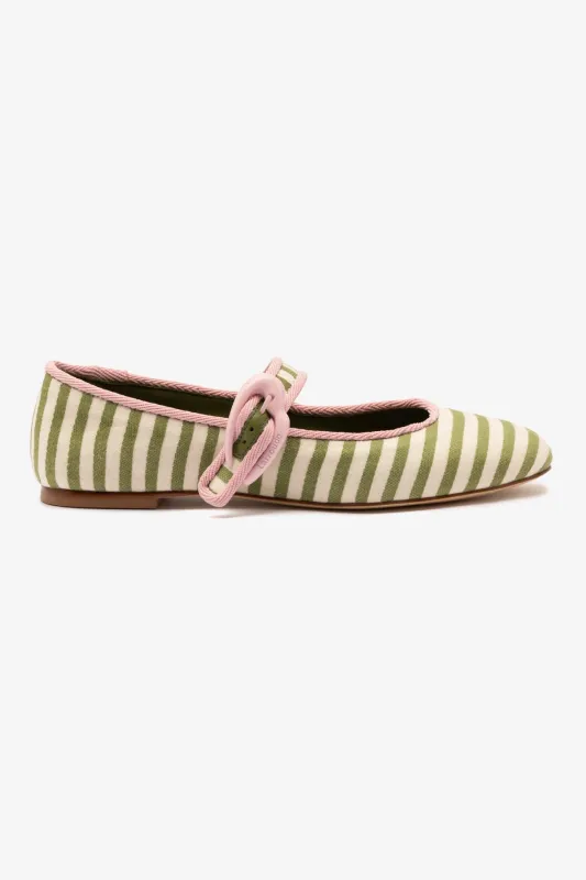 Verona Ballet Flat In Seaweed and Natural Striped Fabric and Tulip Trimming sold by Larroude