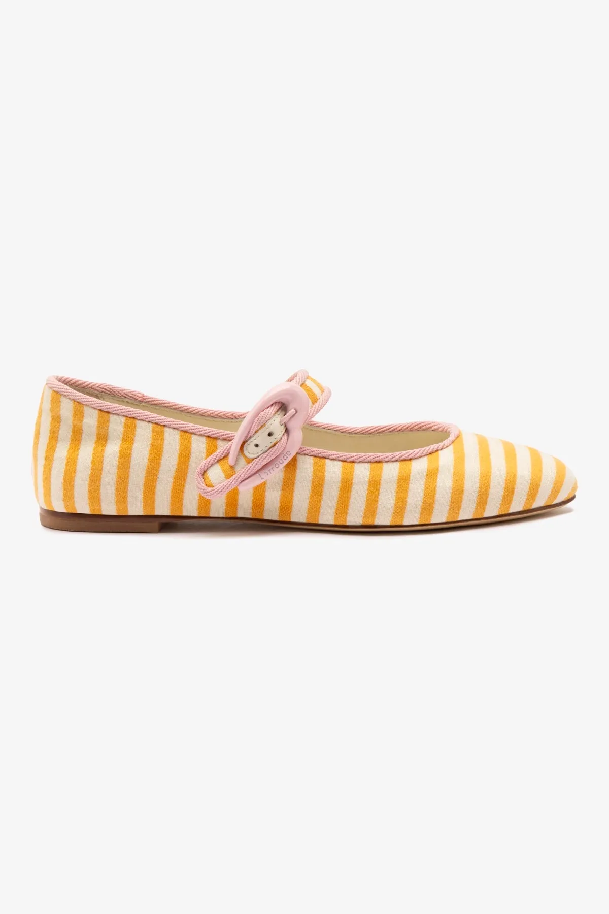 Verona Ballet Flat In Marigold and Natural Striped Fabric and Tulip Trimming sold by Larroude