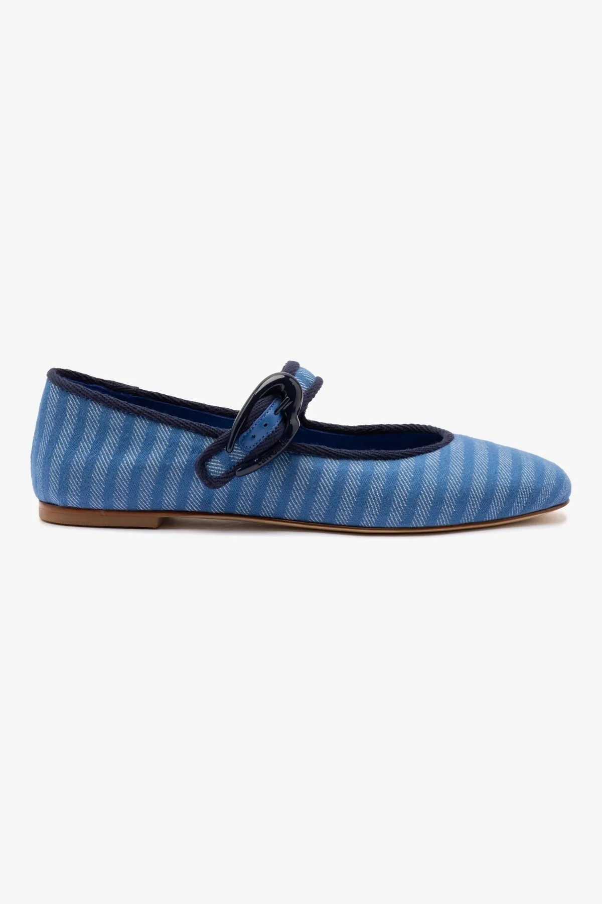 Verona Ballet Flat In Egyptian Blue Striped Fabric and Navy Trimming sold by Larroude