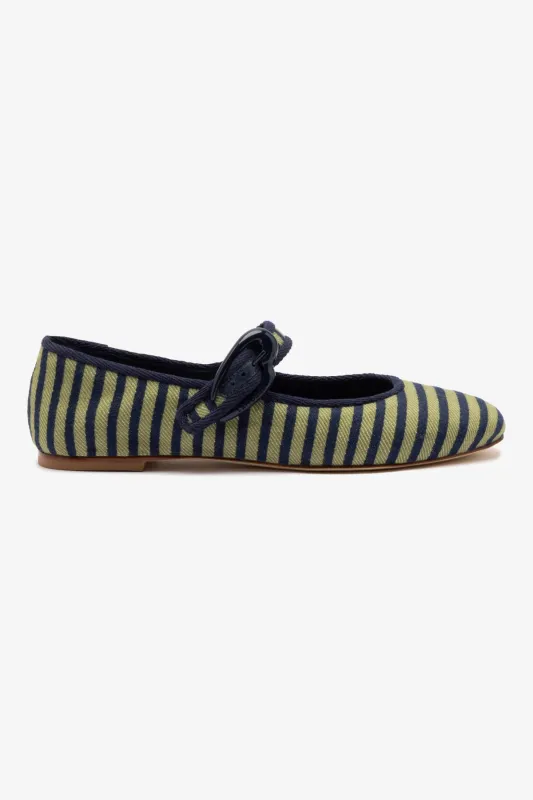Verona Ballet Flat In Navy and Green Striped Fabric and Navy Trimming sold by Larroude