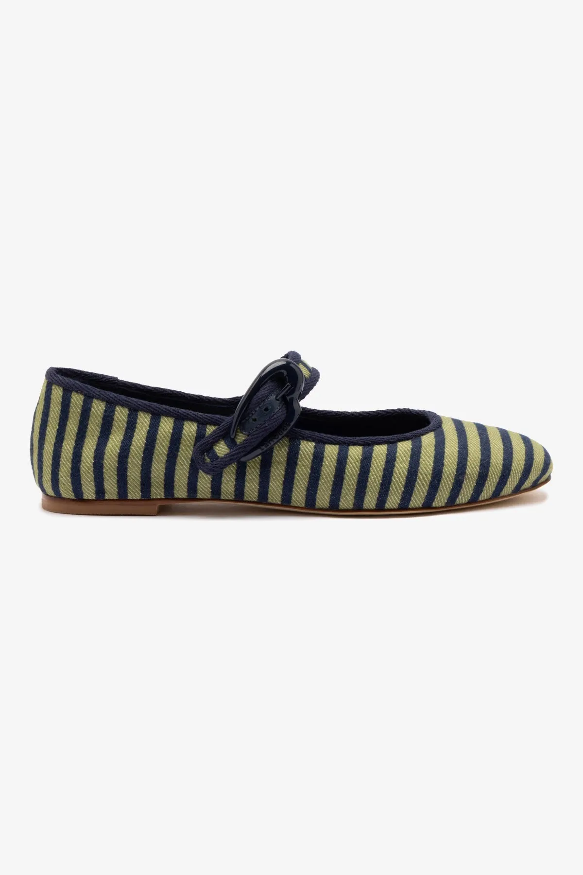 Verona Ballet Flat In Navy and Green Striped Fabric and Navy Trimming sold by Larroude
