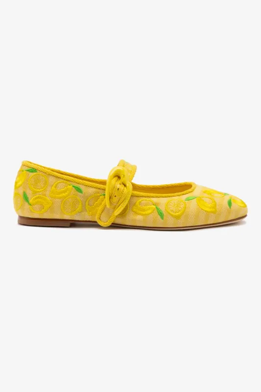 Verona Ballet Flat In Sunrise Striped Fabric and Sicilian Lemon Embroidery sold by Larroude