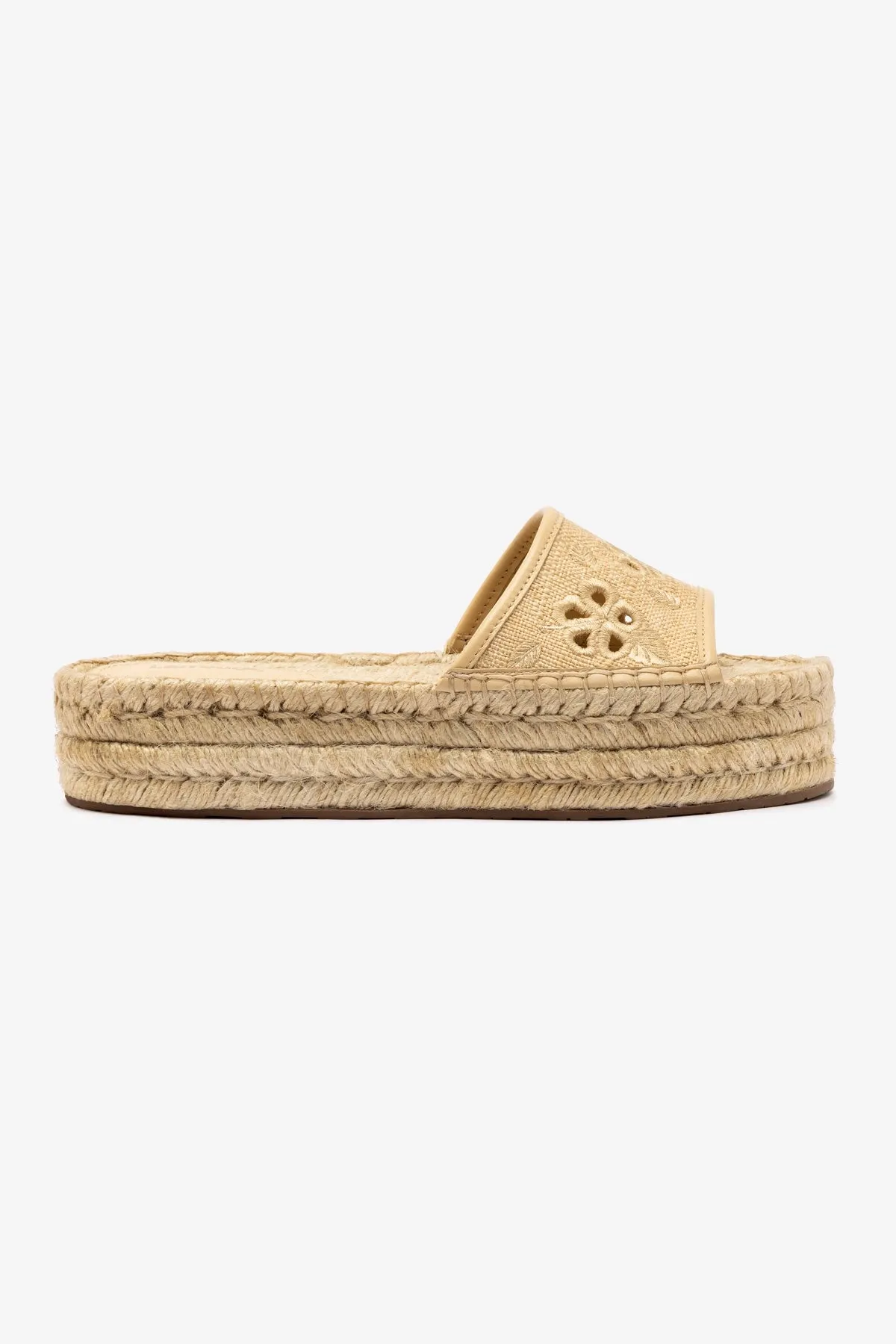 Letizia Espadrille Flatform In Beige Raffia and Hibiscus Broderie sold by Larroude