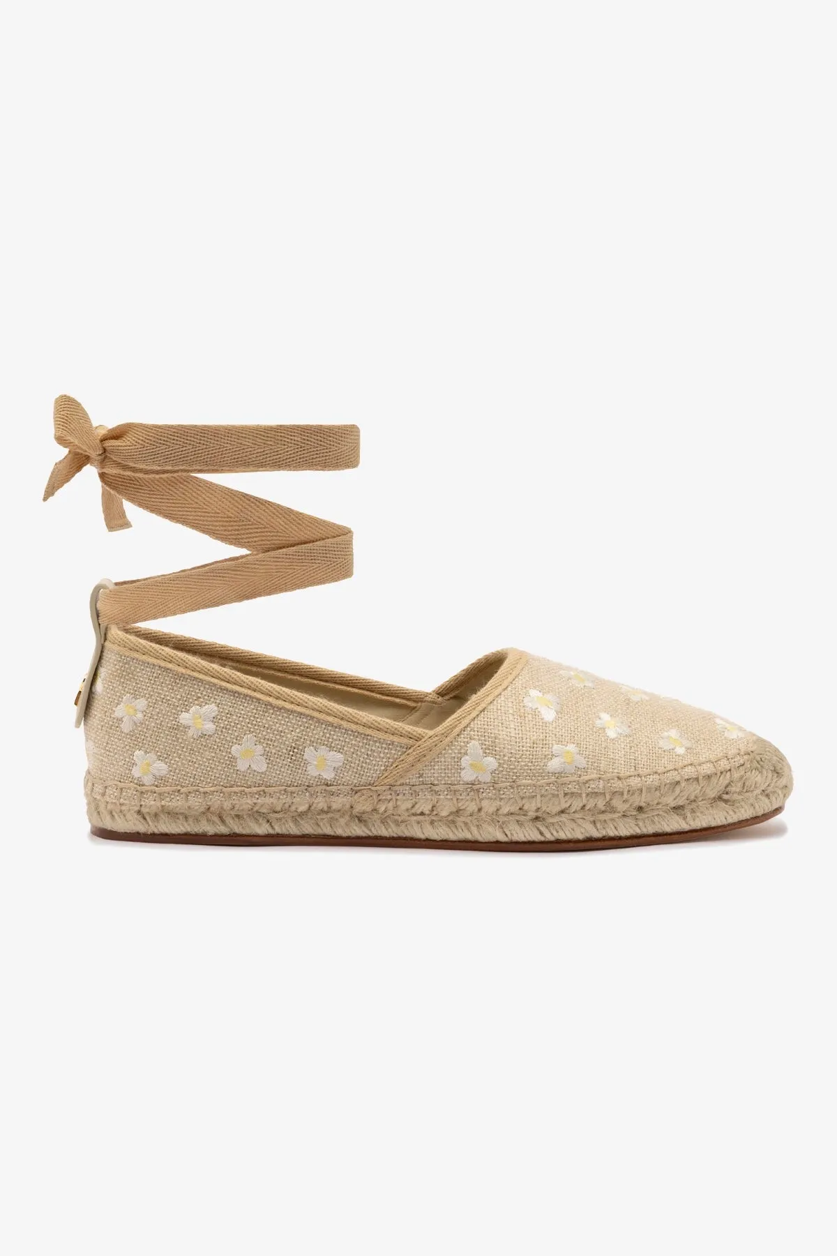 Letizia Espadrille Flat In Raw Linen and Daisy Embroidery sold by Larroude