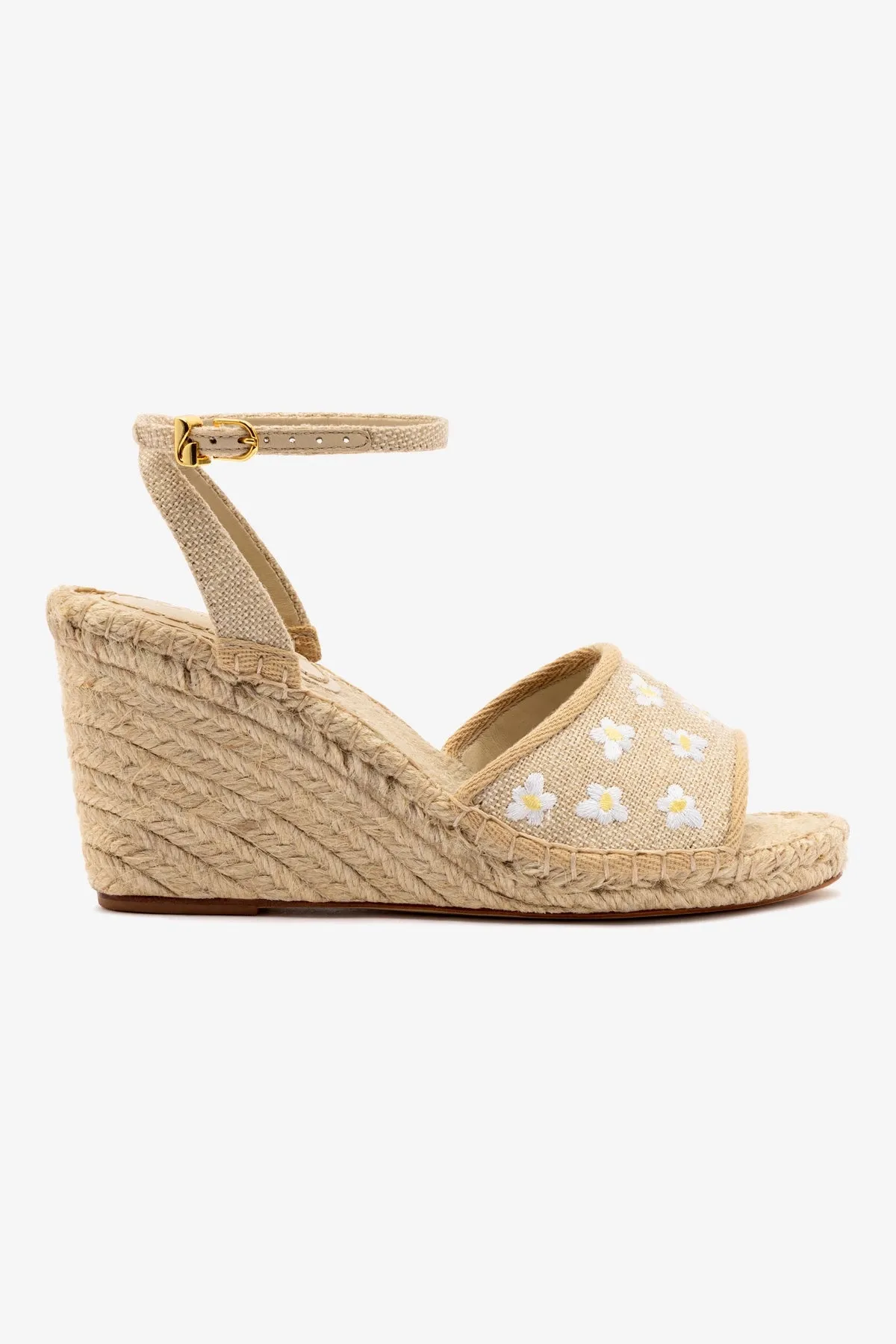 Letizia Espadrille Wedge In Raw Linen and Daisy Embroidery sold by Larroude
