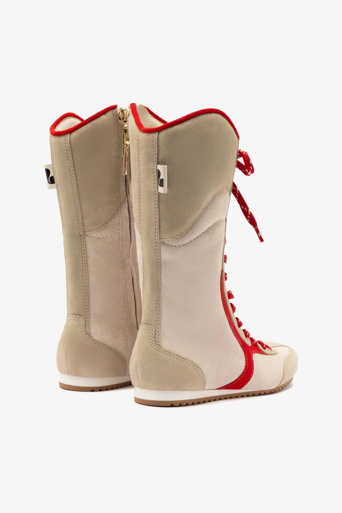 Larroudé x Jonathan Cohen Flat Lo Sneaker Boot In Ivory, Oyster Grey and Scarlet Suede sold by Larroude product image thumbnail 3