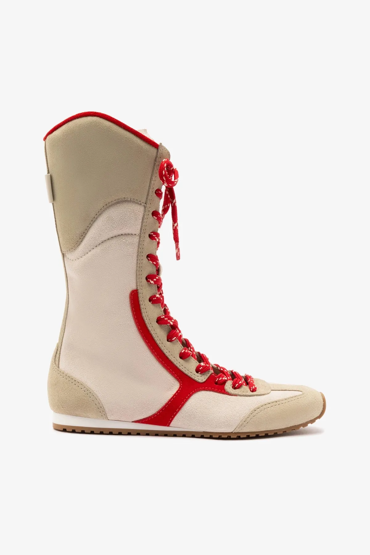 Larroudé x Jonathan Cohen Flat Lo Sneaker Boot In Ivory, Oyster Grey and Scarlet Suede sold by Larroude