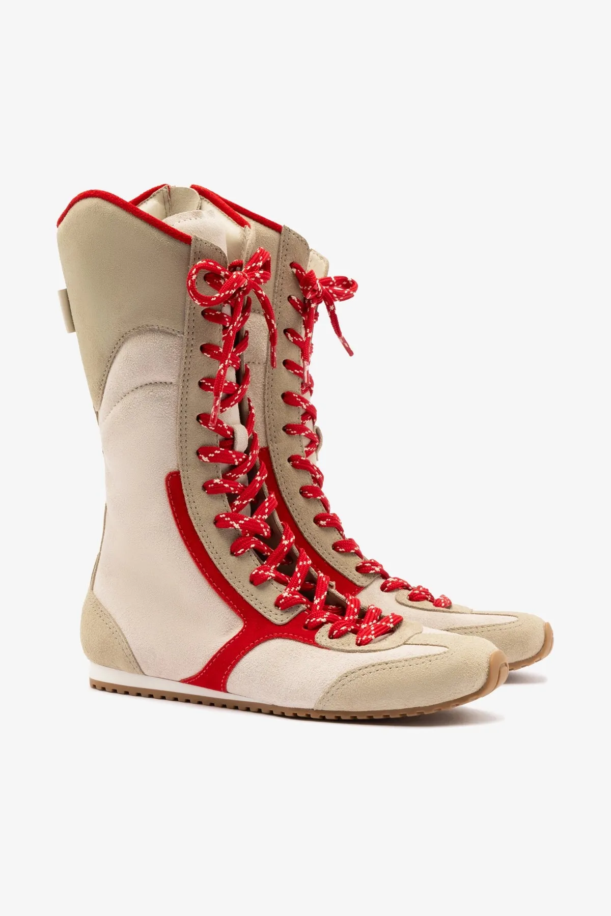 Larroudé x Jonathan Cohen Flat Lo Sneaker Boot In Ivory, Oyster Grey and Scarlet Suede sold by Larroude product image thumbnail 2