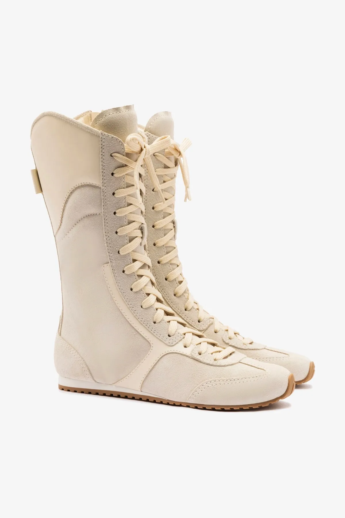 Larroudé x Jonathan Cohen Flat Lo Sneaker Boot In Mushroom Grey Suede and Ivory Leather sold by Larroude product image thumbnail 2