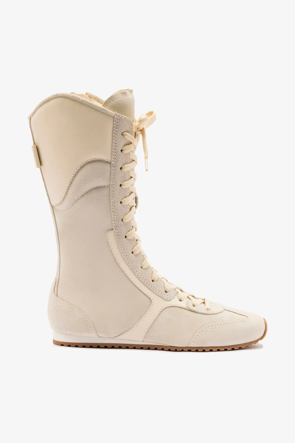 Larroudé x Jonathan Cohen Flat Lo Sneaker Boot In Mushroom Grey Suede and Ivory Leather sold by Larroude
