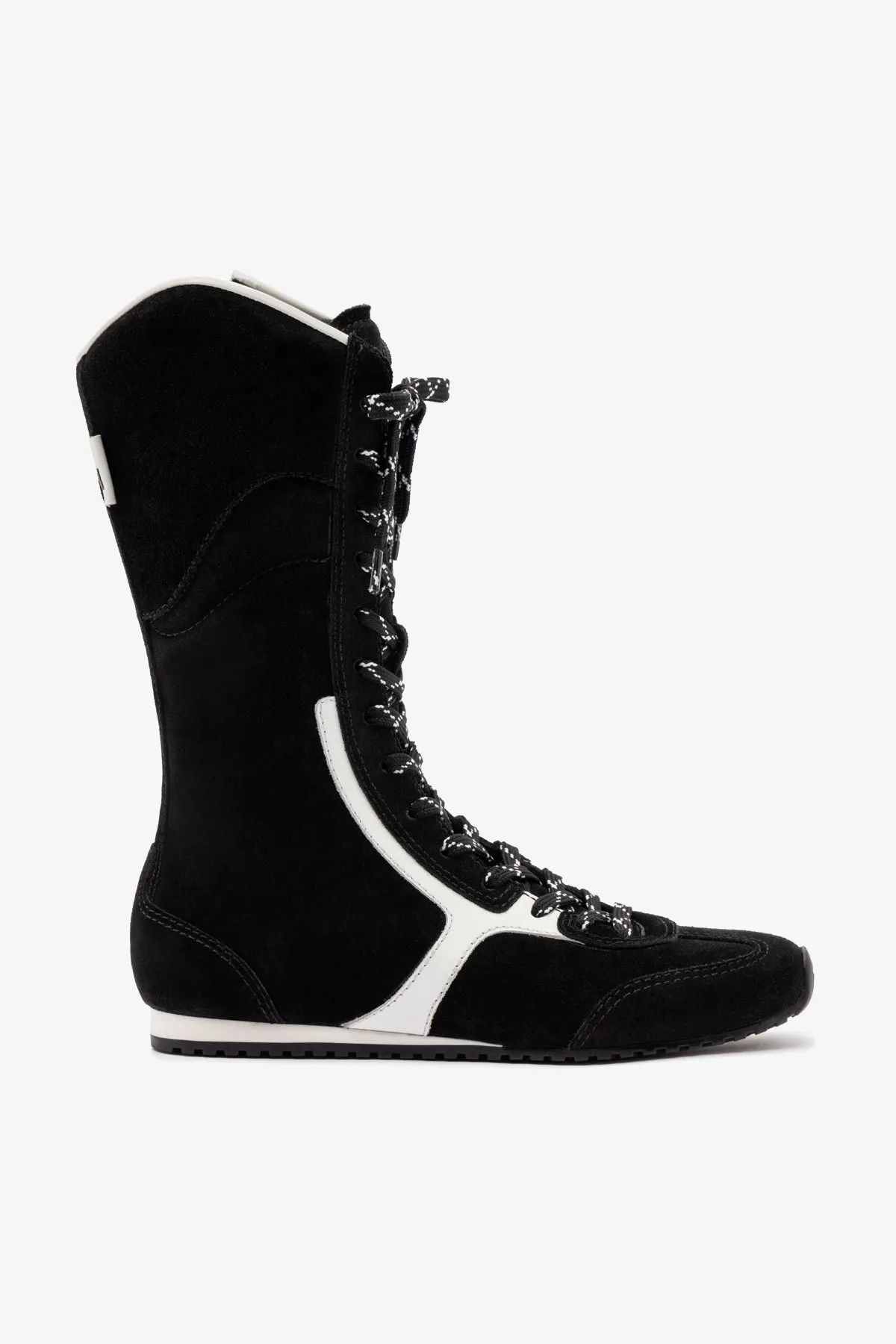Larroudé x Jonathan Cohen Flat Lo Sneaker Boot In Black Suede and White Leather sold by Larroude
