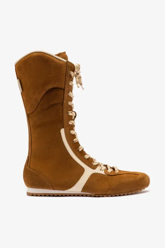 Larroudé x Jonathan Cohen Flat Lo Sneaker Boot In Russet Suede and Ivory Leather sold by Larroude