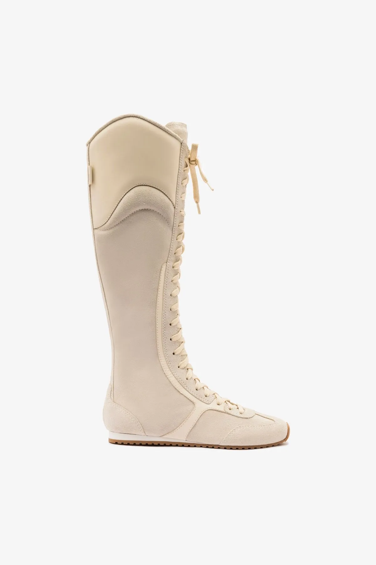 Larroudé x Jonathan Cohen Flat Hi Sneaker Boot In Mushroom Grey Suede and Ivory Leather sold by Larroude