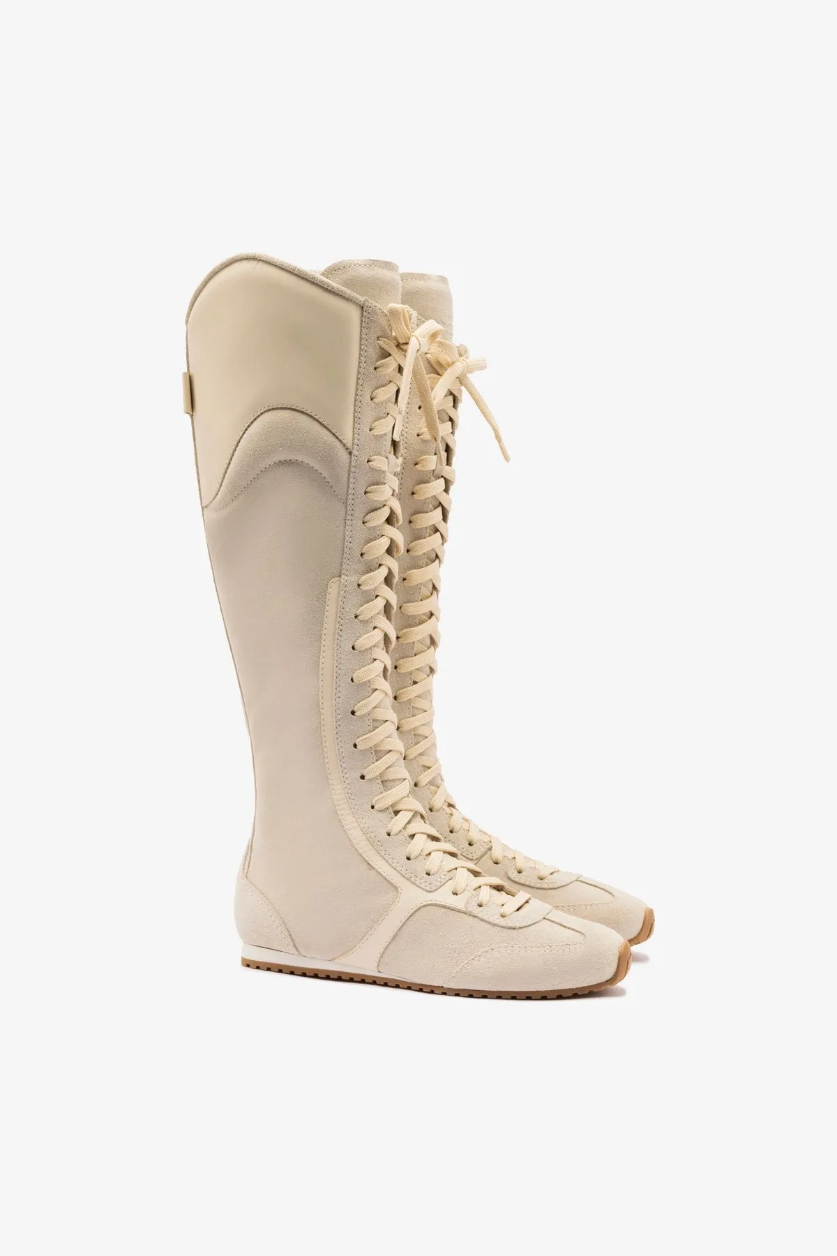 Larroudé x Jonathan Cohen Flat Hi Sneaker Boot In Mushroom Grey Suede and Ivory Leather sold by Larroude product image thumbnail 2