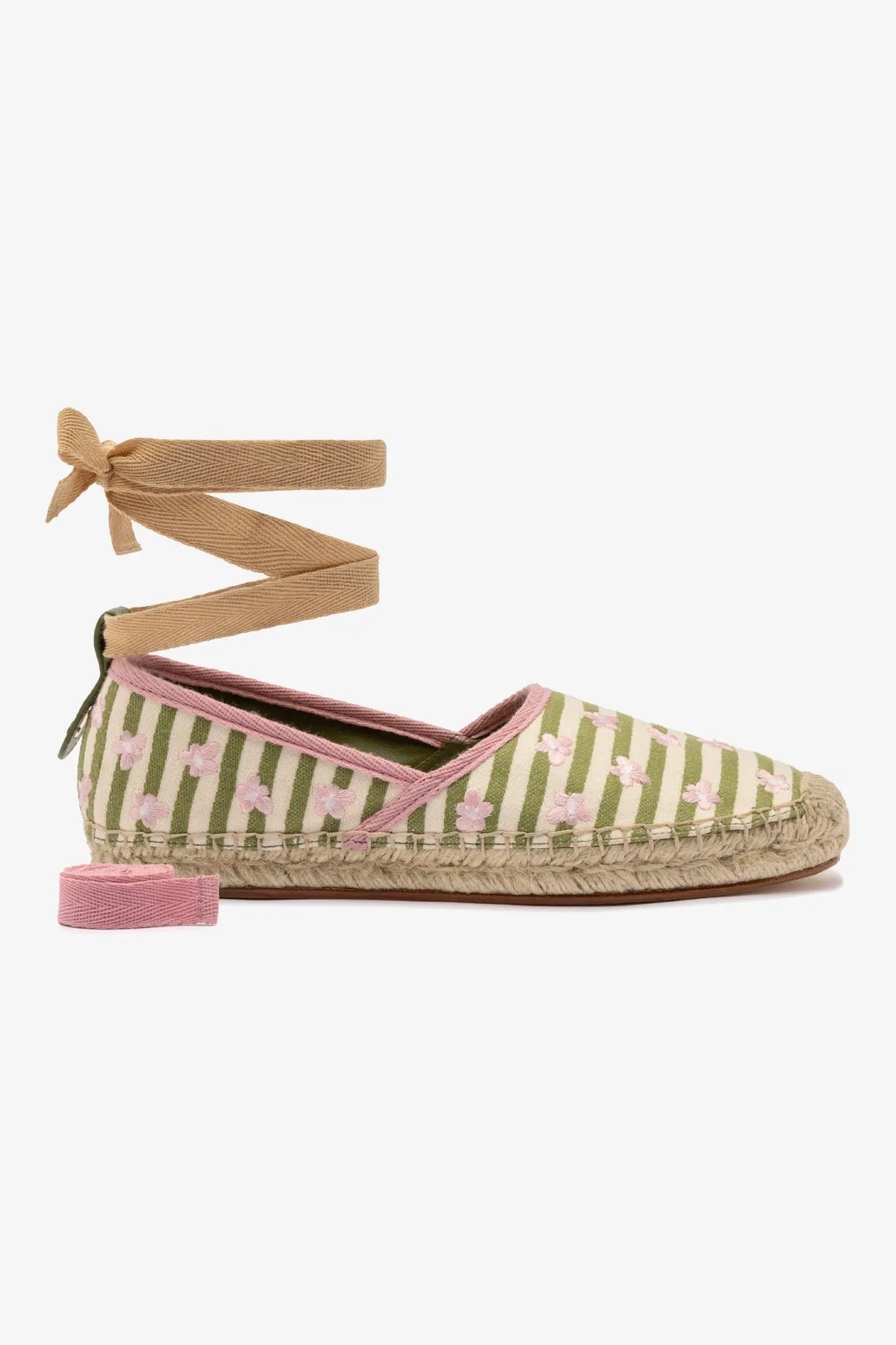 Letizia Espadrille Flat In Seaweed and Natural Striped Fabric and Daisy Embroidery sold by Larroude product image thumbnail 5