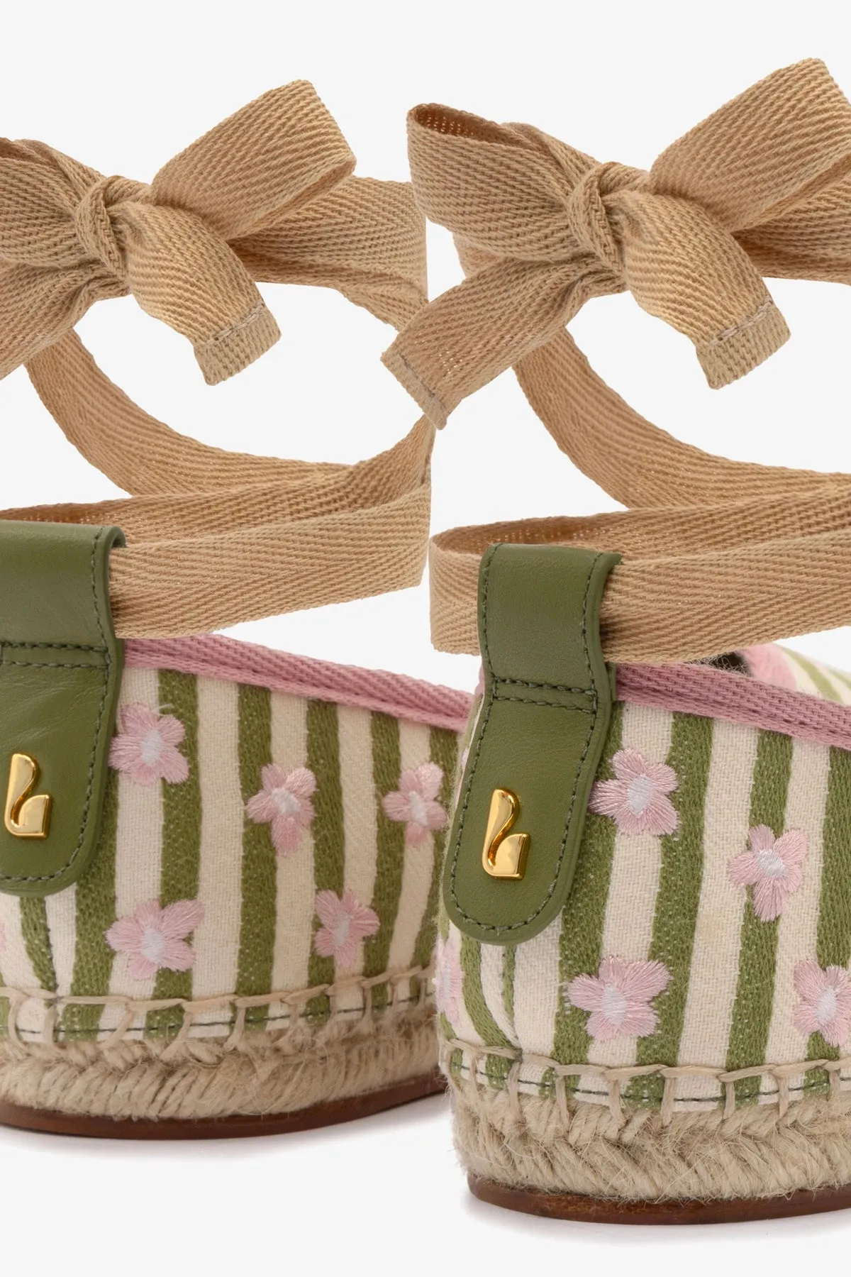 Letizia Espadrille Flat In Seaweed and Natural Striped Fabric and Daisy Embroidery sold by Larroude product image thumbnail 4