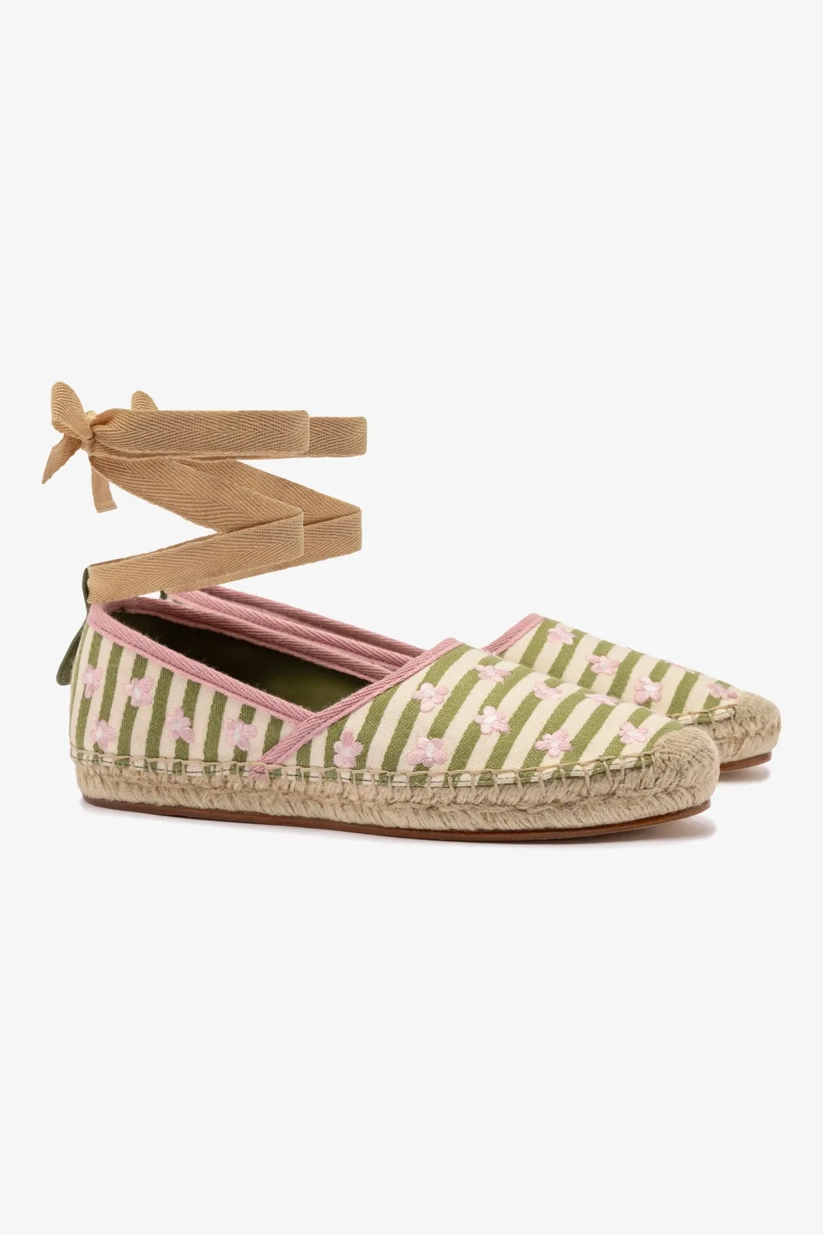 Letizia Espadrille Flat In Seaweed and Natural Striped Fabric and Daisy Embroidery sold by Larroude product image thumbnail 2