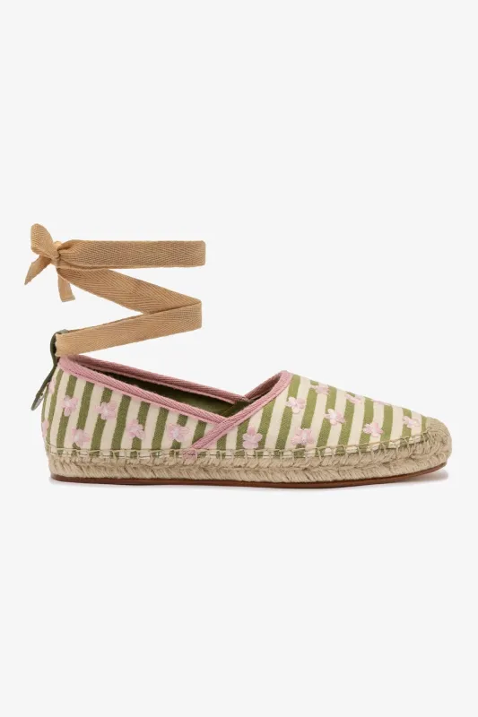 Letizia Espadrille Flat In Seaweed and Natural Striped Fabric and Daisy Embroidery sold by Larroude