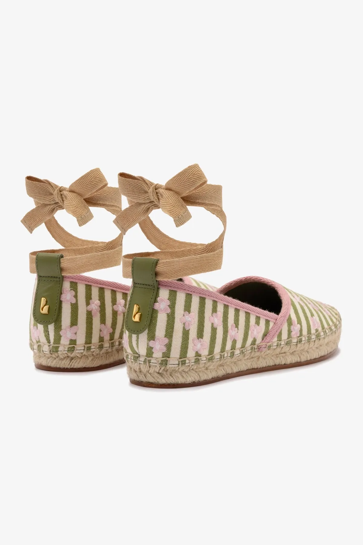 Letizia Espadrille Flat In Seaweed and Natural Striped Fabric and Daisy Embroidery sold by Larroude product image thumbnail 3