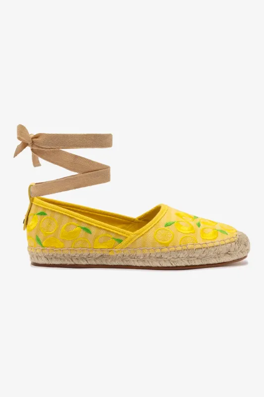 Letizia Espadrille Flat In Sunrise Striped Fabric and Sicilian Lemon Embroidery sold by Larroude