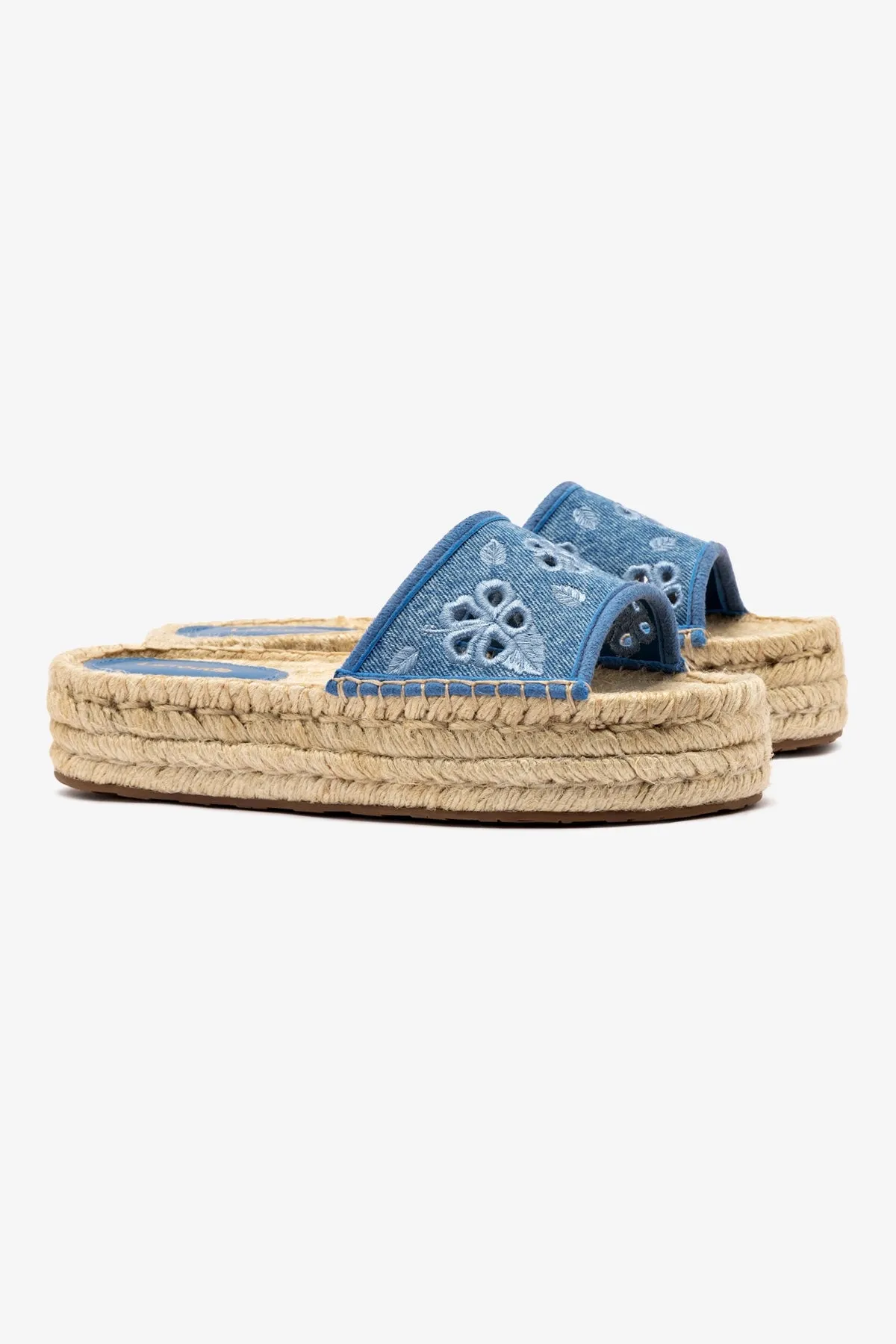 Letizia Espadrille Flatform In Blue Stoned Denim and Hibiscus Broderie sold by Larroude product image thumbnail 2