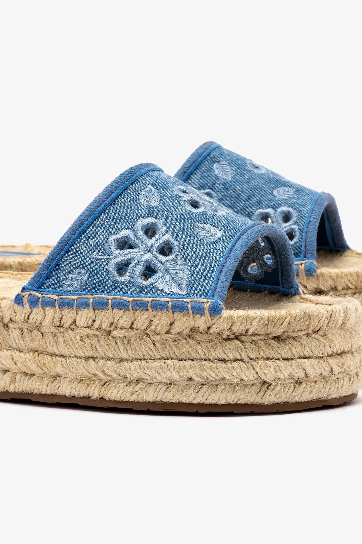 Letizia Espadrille Flatform In Blue Stoned Denim and Hibiscus Broderie sold by Larroude product image thumbnail 4