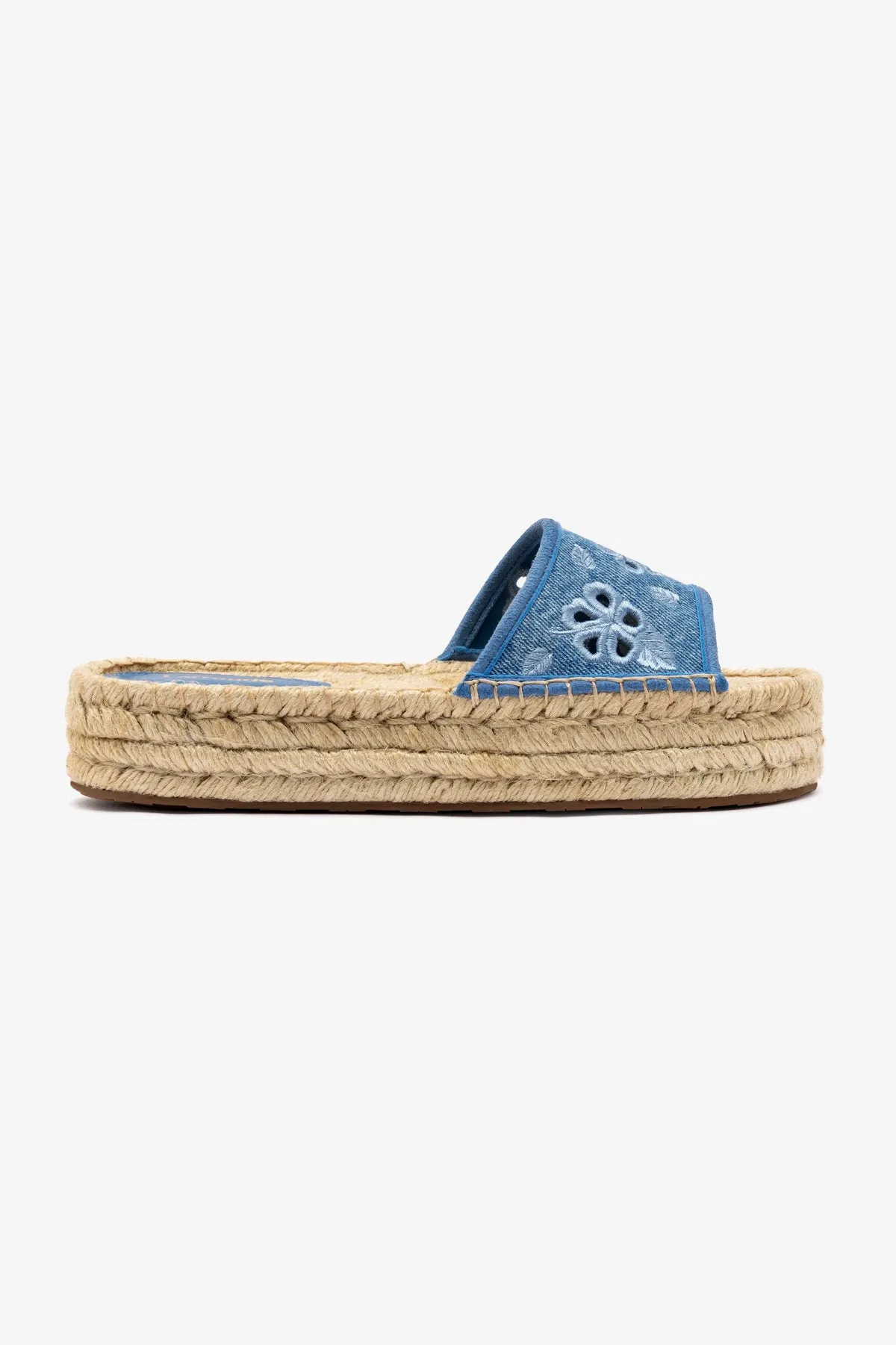 Letizia Espadrille Flatform In Blue Stoned Denim and Hibiscus Broderie sold by Larroude