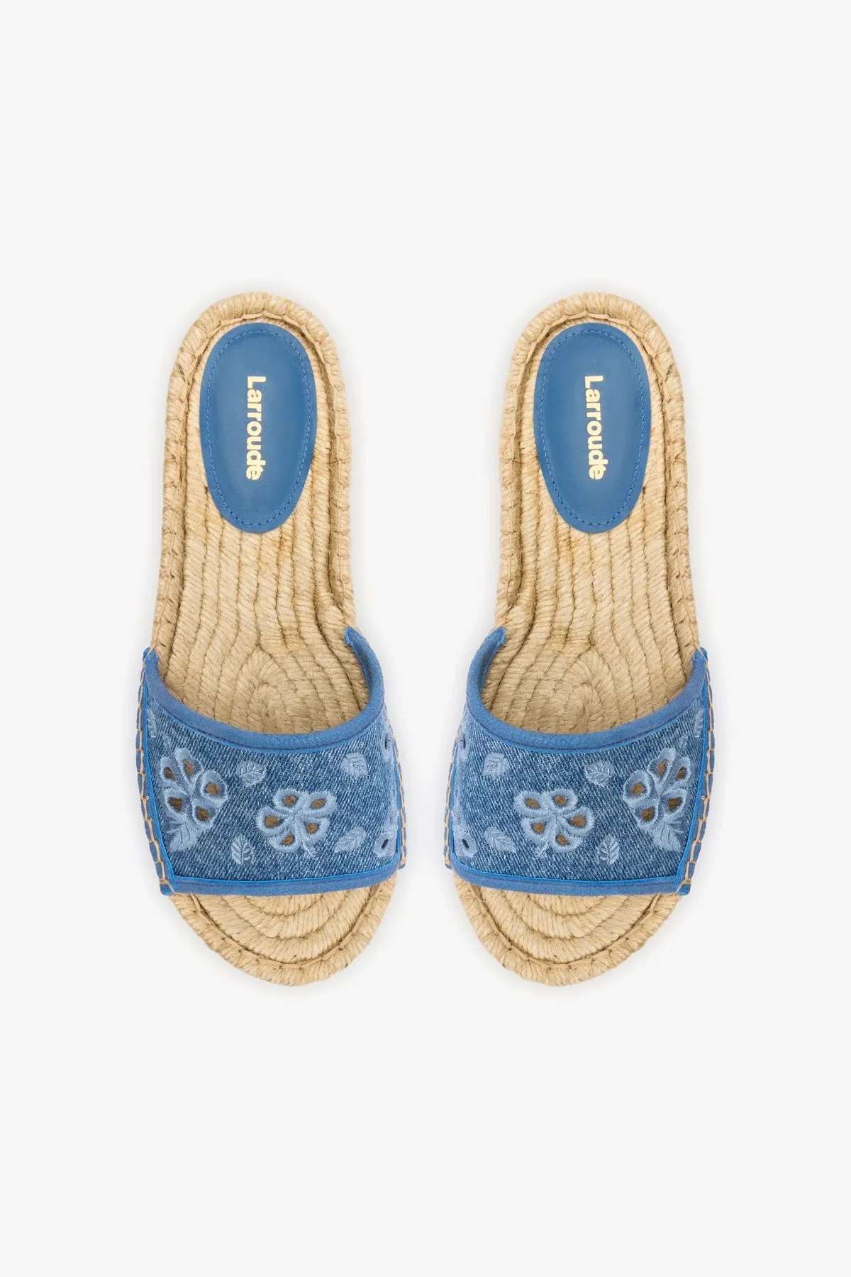 Letizia Espadrille Flatform In Blue Stoned Denim and Hibiscus Broderie sold by Larroude product image thumbnail 3